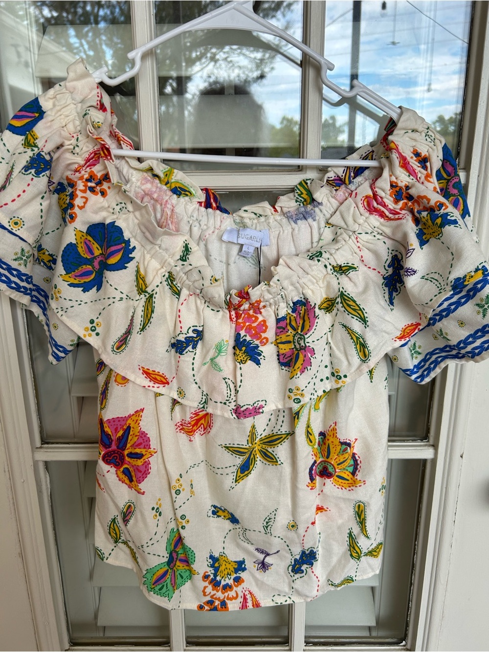 Sugarlips Cream Off-Shoulder Floral Crop Top